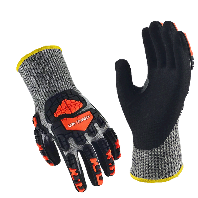 LTNS136RP - Guantes de absorción de impacto - 13G HPPE/acero/revestimiento de basalto - Palma de nitrilo de espuma arenosa negra con entrepierna reforzada - EN388: 4x43FP