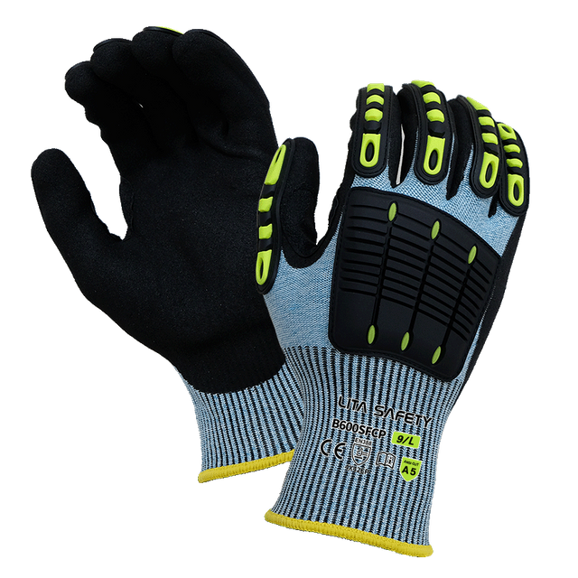 B600SFCP - Corte 5 Guantes de impacto - 13 g de HPPE/acero/revestimiento de basalto - Palma de nitrilo de espuma arenosa negra - Protección de la espalda TPR - EN388: 4x42EP