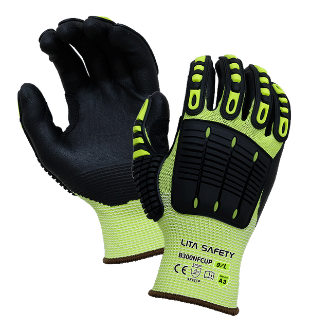 LTNF134RP - Guantes de prueba de impacto - 13 g de fibra de vidrio/revestimiento de fibra de vidrio/spandex - Palma de nitrilo de micro espuma negra - TPR Impacto Protección contra la espalda - EN388: 4x43cp, ANSI A3