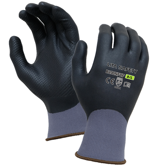 Guantes de recubrimiento en relieve de nitrilo de micro espuma b200nfUf