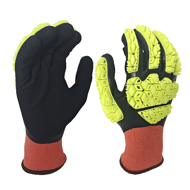LTNSS151T - Guantes de impacto resistentes al aceite - Doble recubrimiento con el primer nitrilo completamente liso y el nitrilo arenoso de la palma terminada - TPR Protección de la parte posterior de la mano - Liner de spandex de nylon de calibre 15 - EN388: 4131XP RA