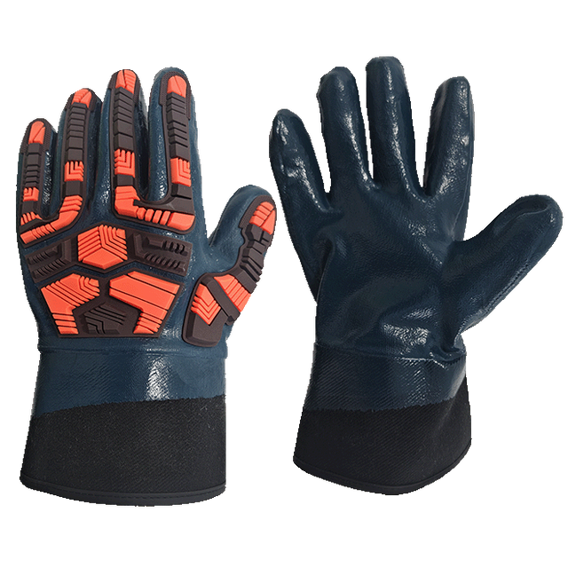 LTFN424P - Guantes de nitrilo resistente al aceite - Protección de impacto de TPR - Postil en azul azul completo - EN388: 4121