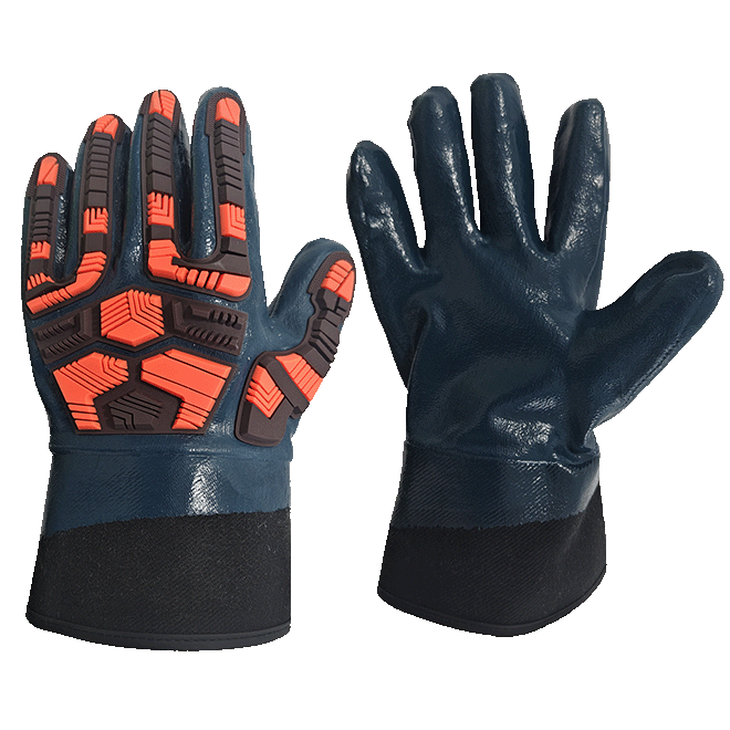 LTFN424P - Guantes de nitrilo resistente al aceite - Protección de impacto de TPR - Postil en azul azul completo - EN388: 4121