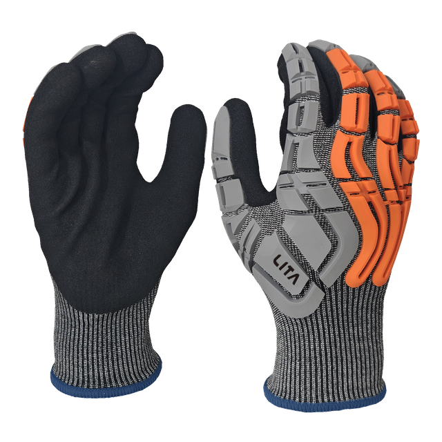 Guantes de impacto de servicio pesado - ANSI A4 Cut Protection - 15 g de revestimiento - Palma de nitrilo arenoso - Protección contra la espalda TPR - EN388: 4x42dp