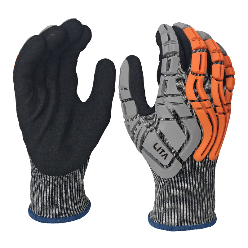 LTNS154P - Guantes de impacto de servicio pesado - Protección de corte ANSI A4 - 15 g de revestimiento - Palma de nitrilo arenoso - Protección de la espalda TPR - EN388: 4x42dp