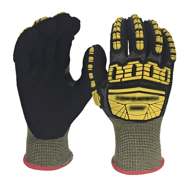 Guantes resistentes a impacto y corte - Protección de corte ANSI A6 - TPR Detenido de la mano - Palma de nitrilo arenoso - Reparte de pulgar reforzado - EN388: 4x43FP