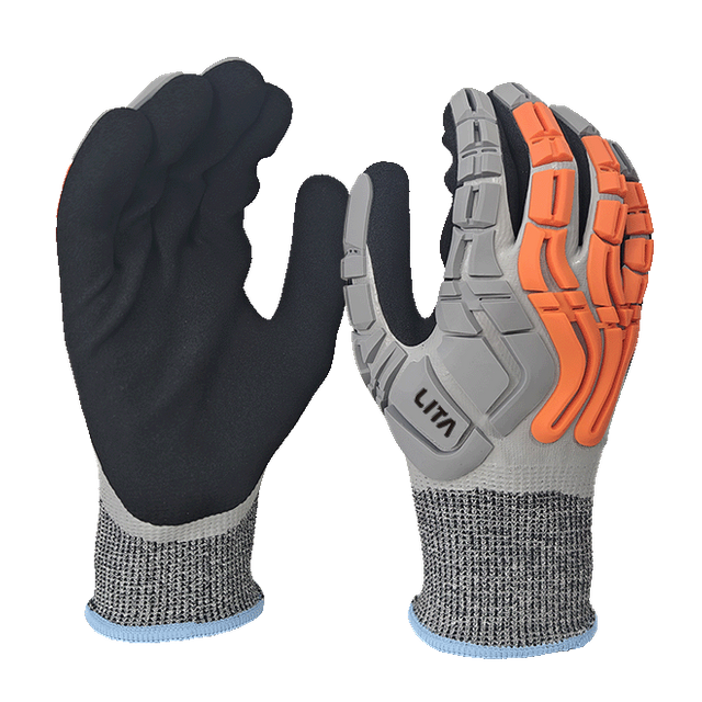 LTNSF154P - Guante de impacto resistente al aceite - Nivel de corte A4 A4 - Nitrilo completamente suave + recubrimiento de nitrilo arenoso - TPR Back - EN388: 4x42dp