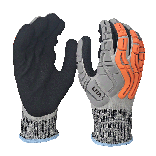 LTNSF154P - Guante de impacto resistente al aceite - Nivel de corte A4 A4 - Nitrilo completamente suave + recubrimiento de nitrilo arenoso - TPR Back - EN388: 4x42dp