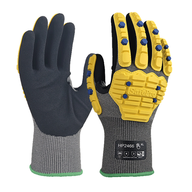 Guantes de impacto resistentes a corte - Nivel de corte ANSI A6 - Protección de la espalda TPR - Palma de nitrilo arenoso - EN388: 4x42FP