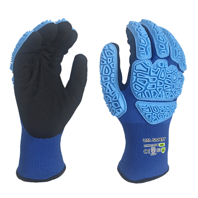 LTNS135PW - Guantes de impacto de nivel 5 de corte para el invierno - HPPE Terry Liner - Palma de nitrilo de espuma arenosa - TPR Back - EN388: 4x43EP, A5