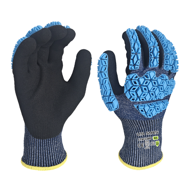 LTNF134RP - Guantes de prueba de impacto - 13 g de fibra de vidrio/revestimiento de fibra de vidrio/spandex - Palma de nitrilo de micro espuma negra - TPR Impacto Protección contra la espalda - EN388: 4x43cp, ANSI A3